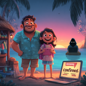 A cheerful father and daughter stand on a beach at sunset, with a laptop displaying "Booking Confirmed" in the foreground and a shadowy hooded figure on a small raft with a laptop in the background water.